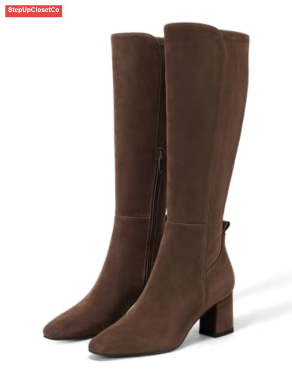 Knee High Boots Faux Suede Chunky Heel Side Zipper Almond Toe Dress Boots